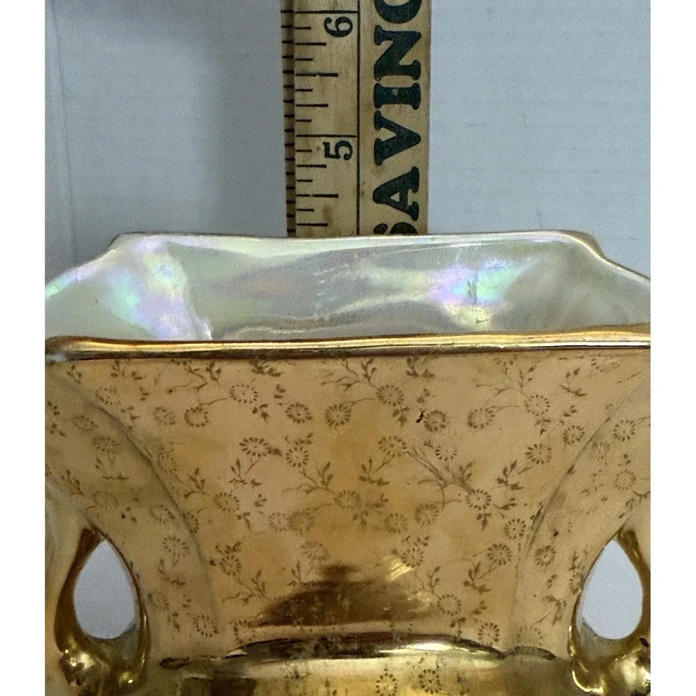 Vintage Gold Floral Cream Lusterware Vase Urn Handled  Collectible 22K Gold Flaw